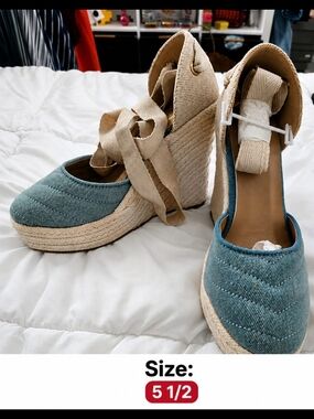 Bakers Teal Espadrille Wedge Sandals with Beige Ankle Wrap